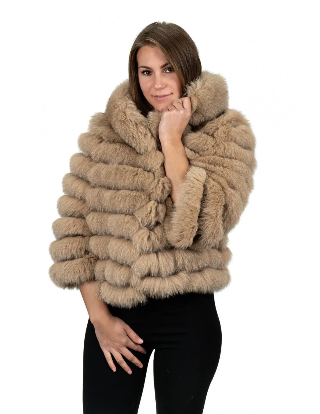 Beige genuine fox fur hooded jacket