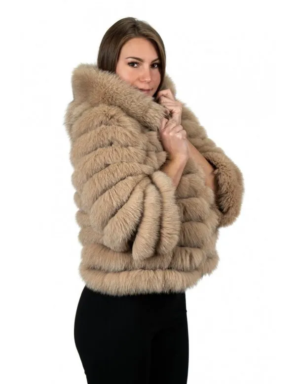 Beige genuine fox fur hooded jacket