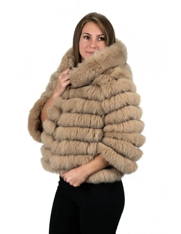 Beige genuine fox fur hooded jacket