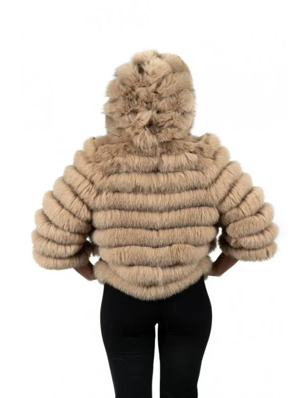 Beige genuine fox fur hooded jacket