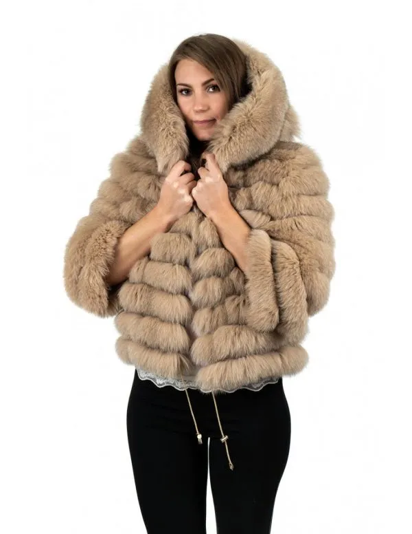 Beige genuine fox fur hooded jacket