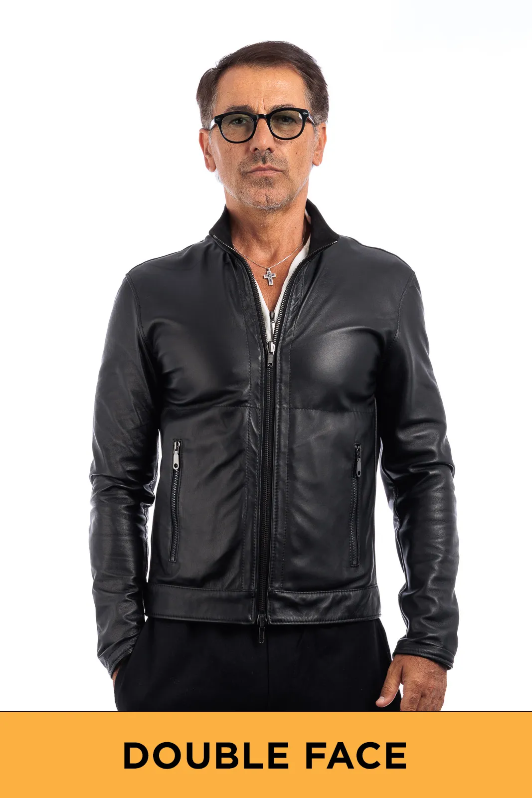 Black men’s leather and suede double face biker jacket