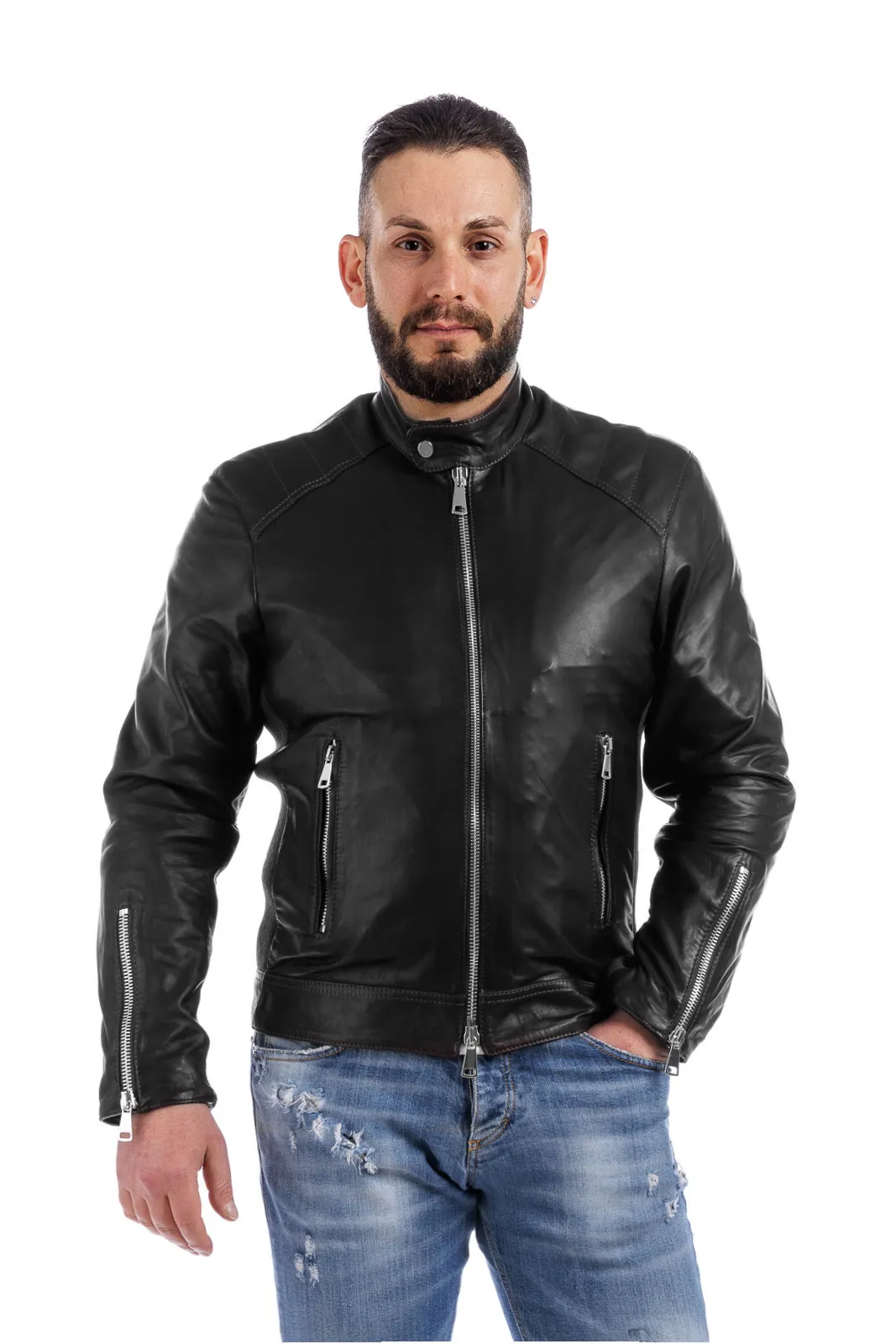 Black PIT zippered leather jacket with stretch wool