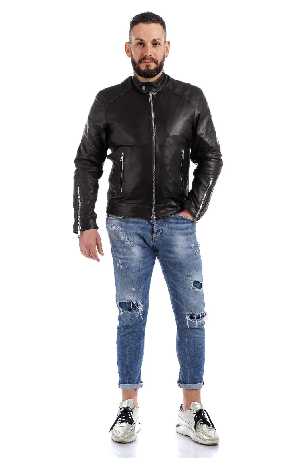 Black PIT zippered leather jacket with stretch wool