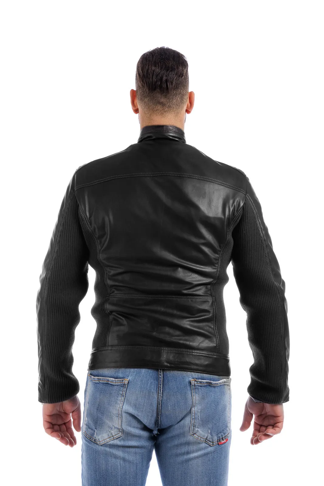 Black PIT zippered leather jacket with stretch wool