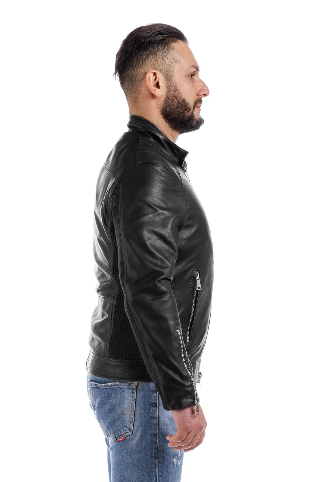 Black PIT zippered leather jacket with stretch wool