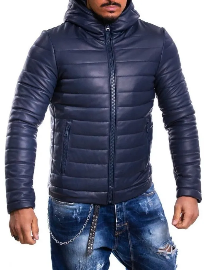 Blue genuine leather down jacket for men