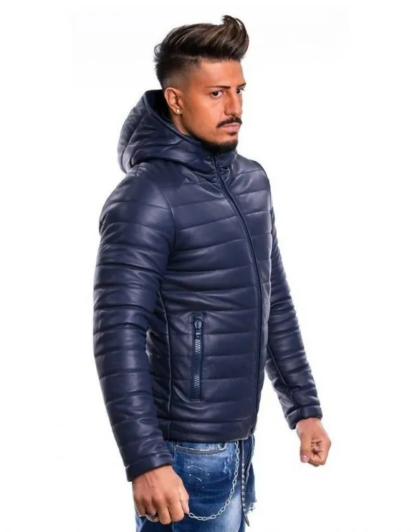 Blue genuine leather down jacket for men