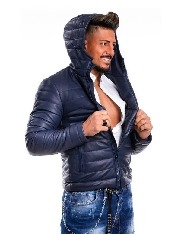 Blue genuine leather down jacket for men