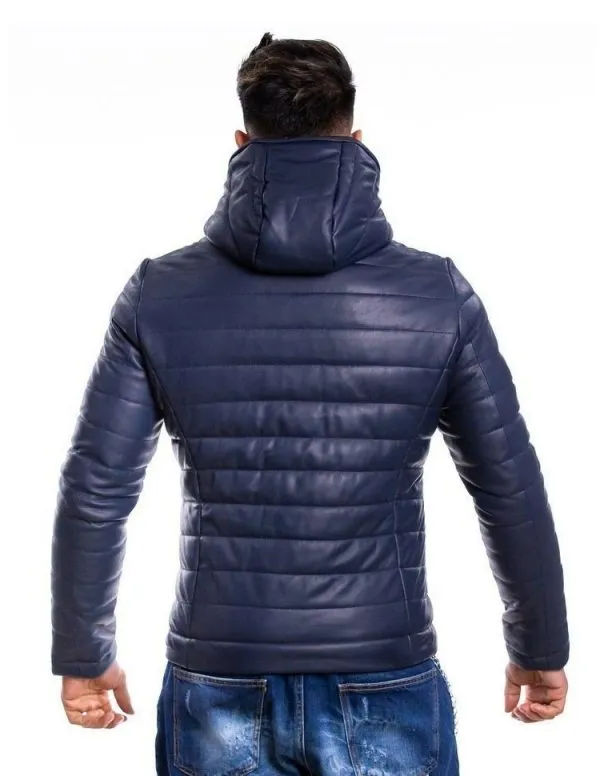 Blue genuine leather down jacket for men