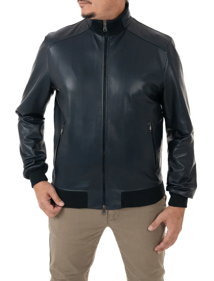 Blue genuine leather men's jacket