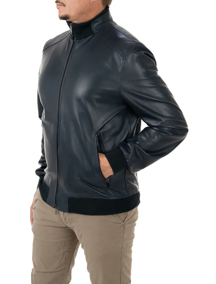 Blue genuine leather men's jacket