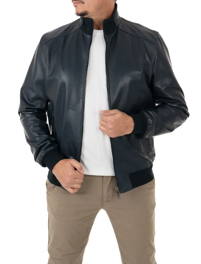 Blue genuine leather men's jacket