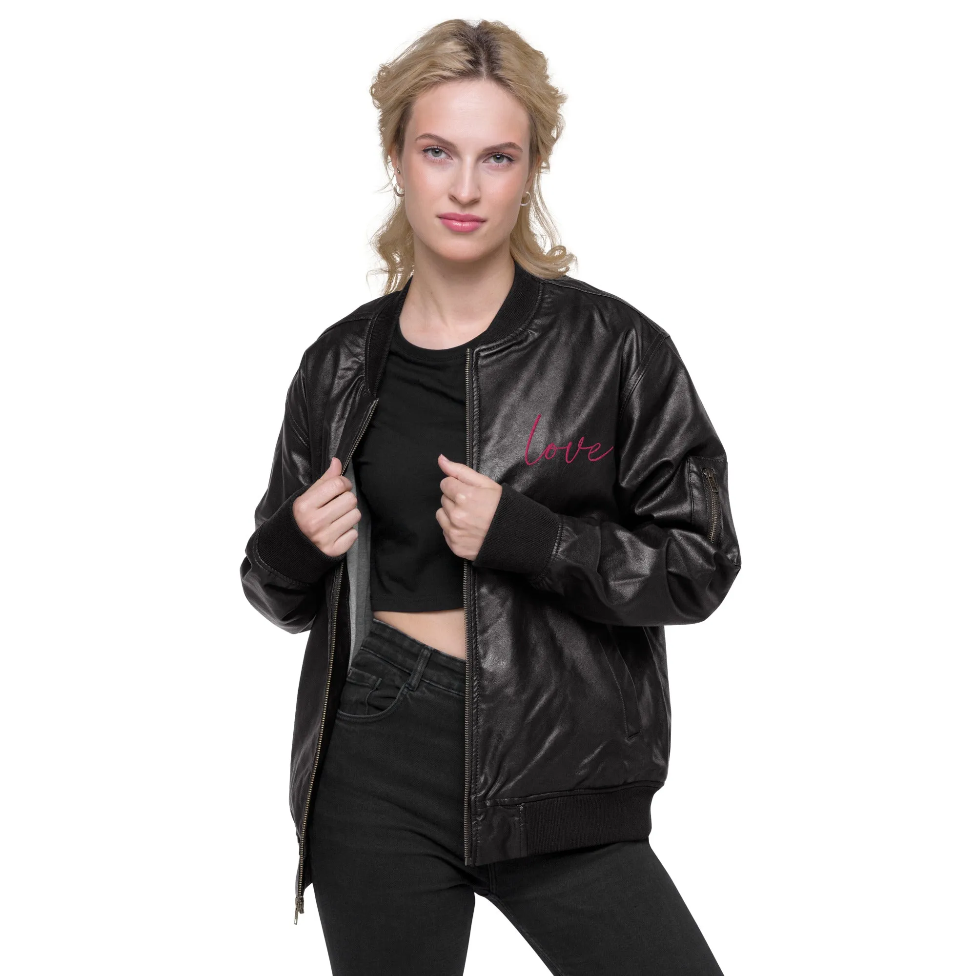 Bomber unisex in ecopelle con ricamo scritta love