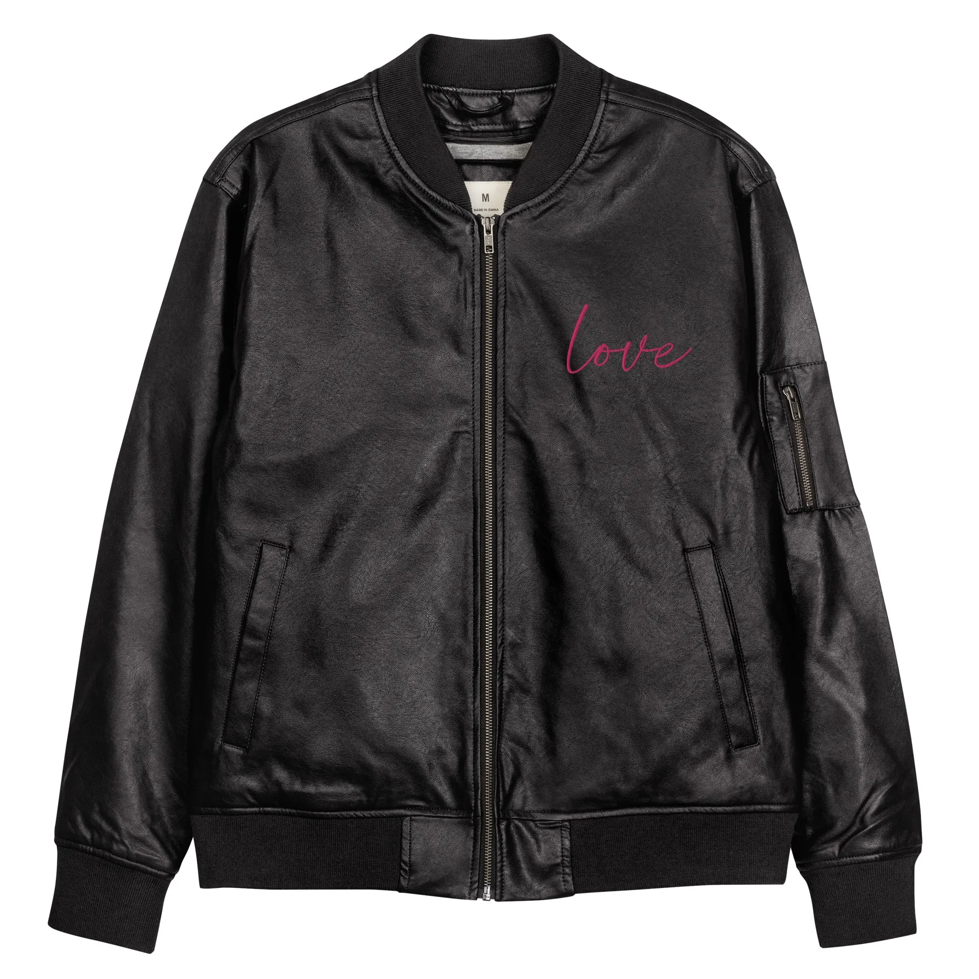 Bomber unisex in ecopelle con ricamo scritta love