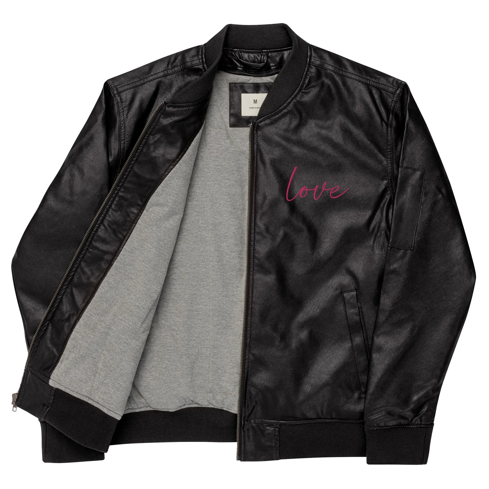 Bomber unisex in ecopelle con ricamo scritta love