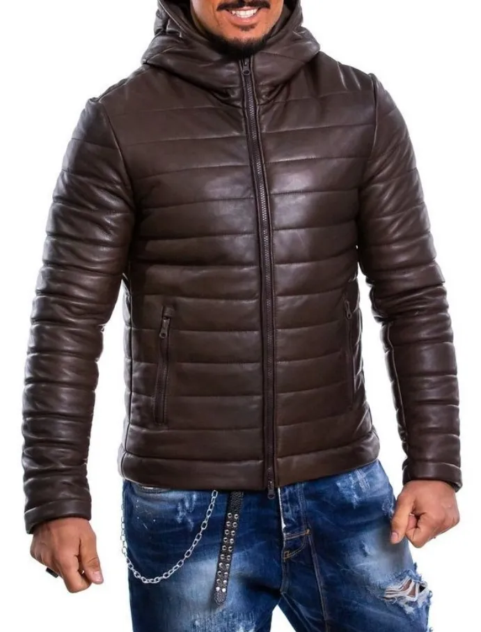 Brown genuine leather down jacket for men