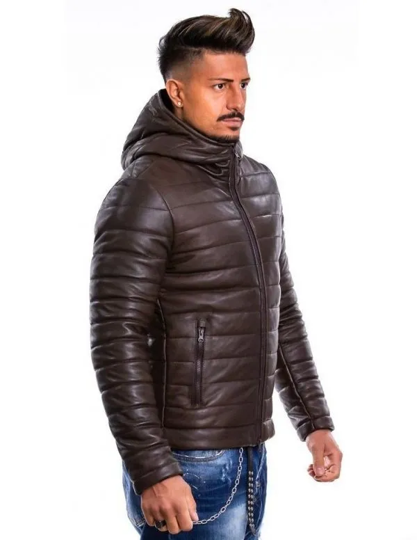 Brown genuine leather down jacket for men