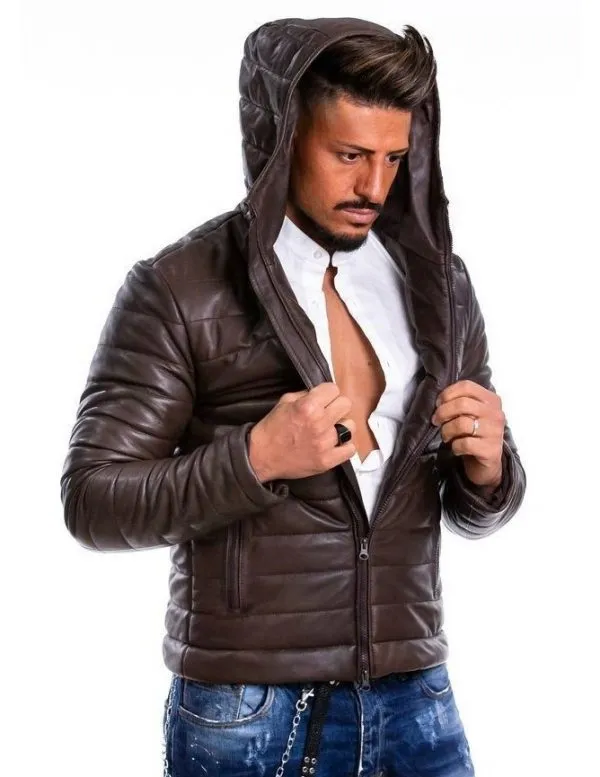 Brown genuine leather down jacket for men