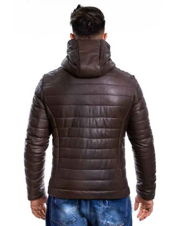 Brown genuine leather down jacket for men