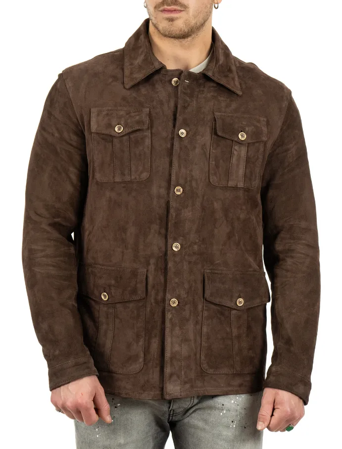 Dark brown genuine leather suede jacket for men