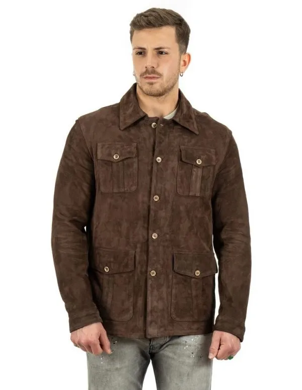 Dark brown genuine leather suede jacket for men