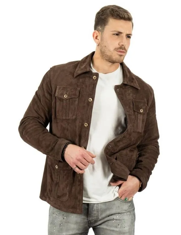 Dark brown genuine leather suede jacket for men