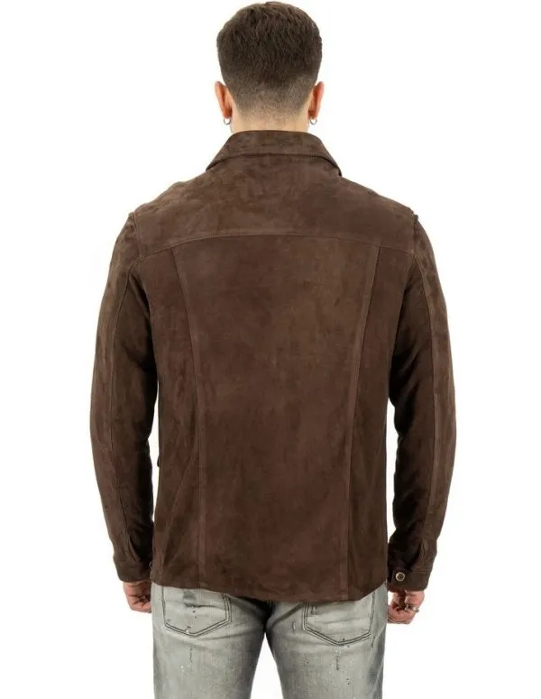 Dark brown genuine leather suede jacket for men