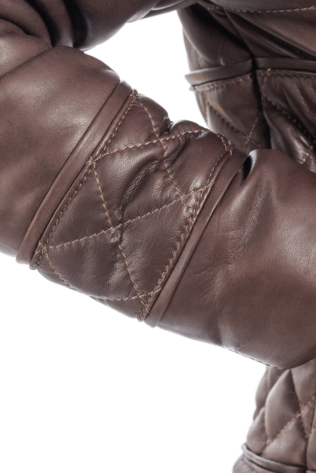 Dark brown leather down jacket with detachable hood