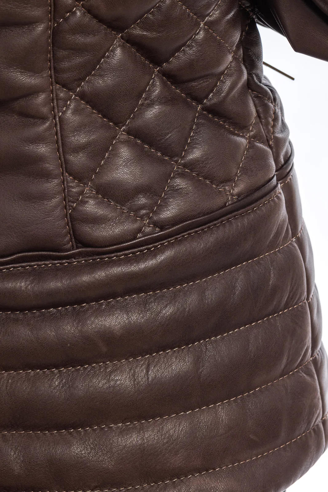 Dark brown leather down jacket with detachable hood