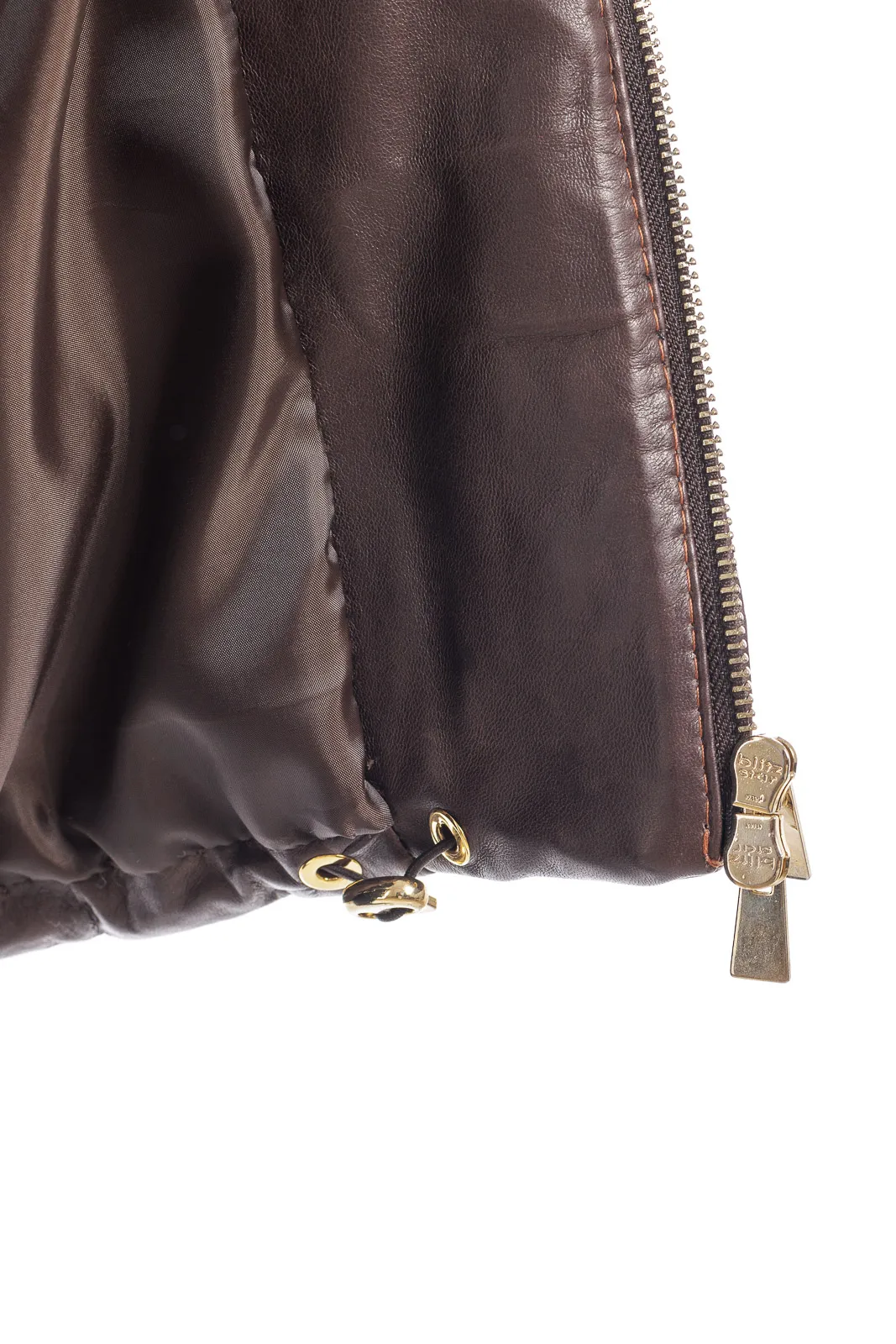 Dark brown leather down jacket with detachable hood