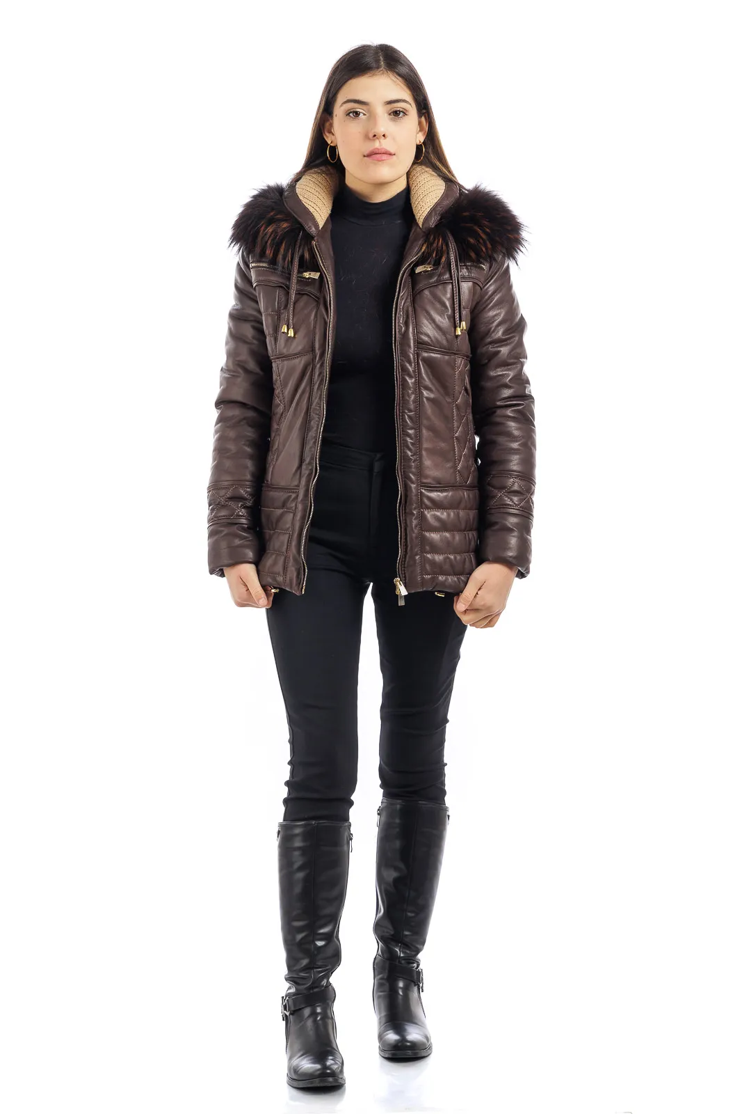 Dark brown leather down jacket with detachable hood