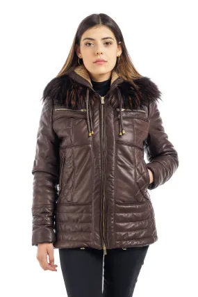 Dark brown leather down jacket with detachable hood