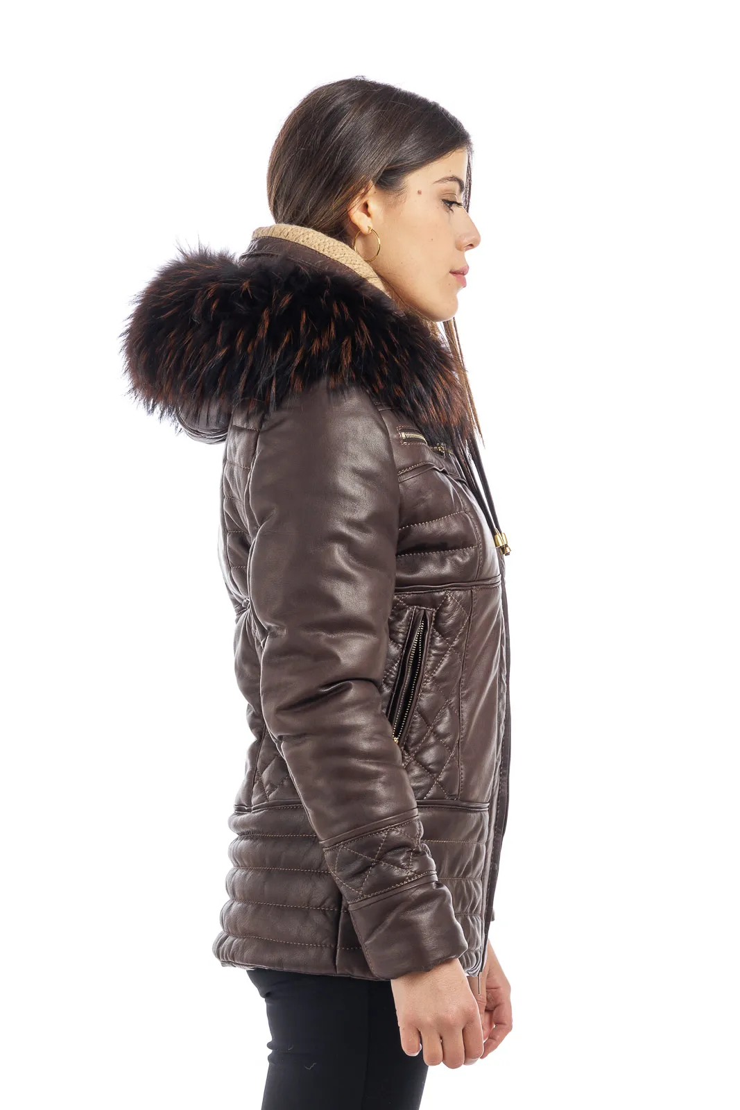 Dark brown leather down jacket with detachable hood