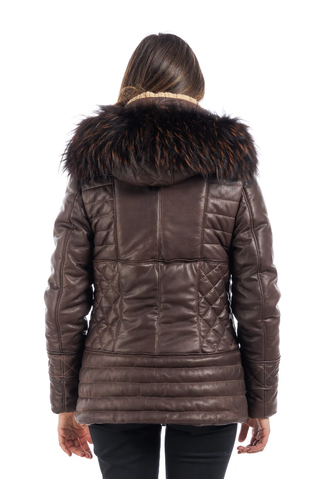 Dark brown leather down jacket with detachable hood