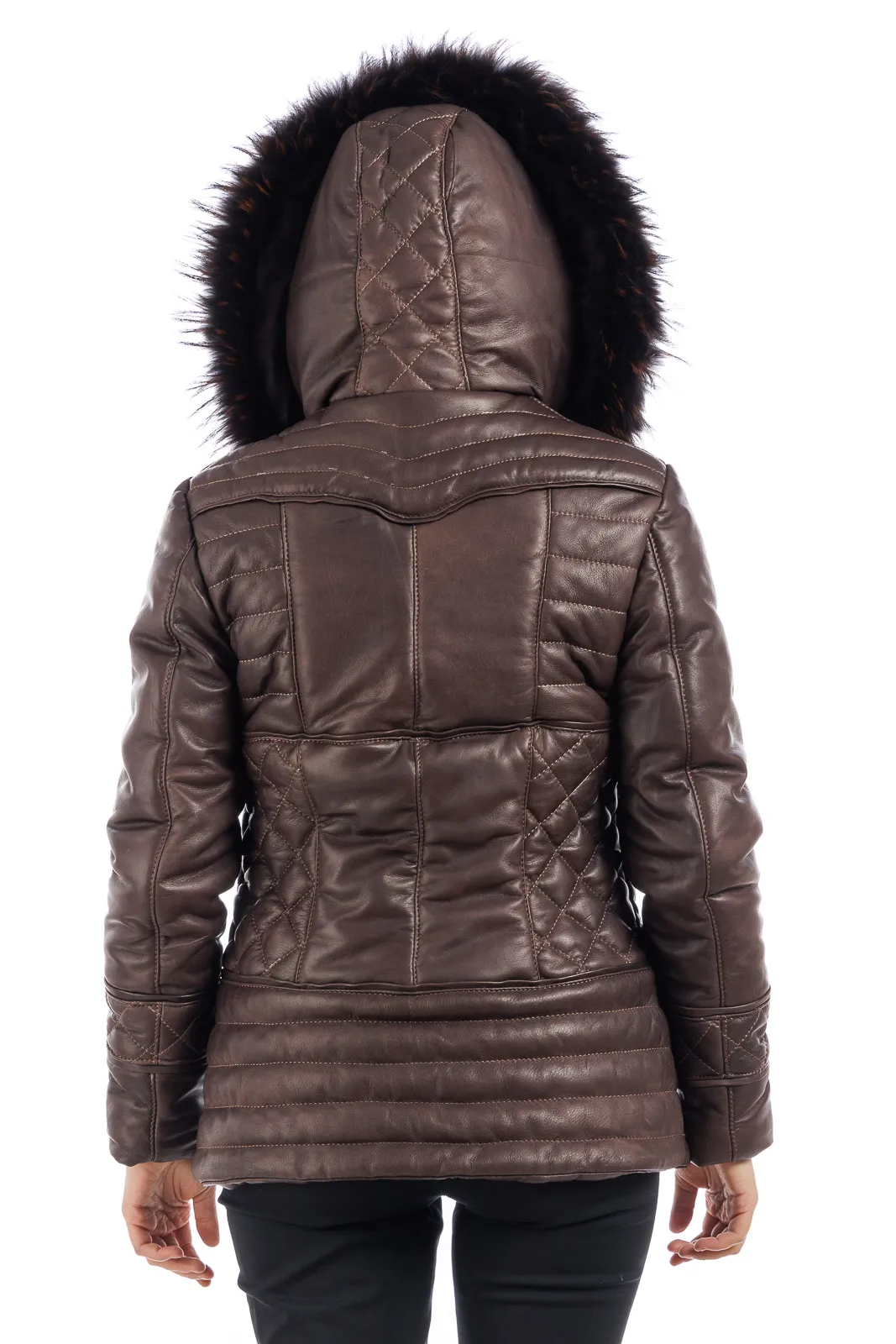 Dark brown leather down jacket with detachable hood