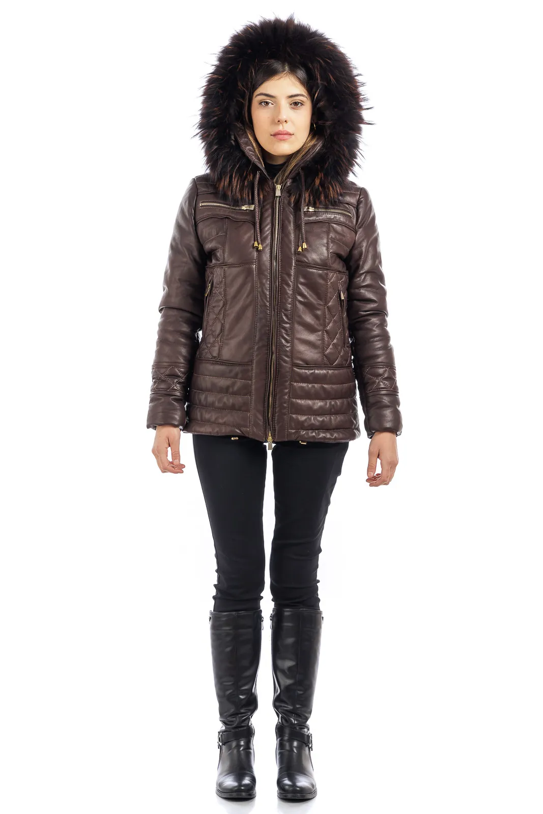 Dark brown leather down jacket with detachable hood