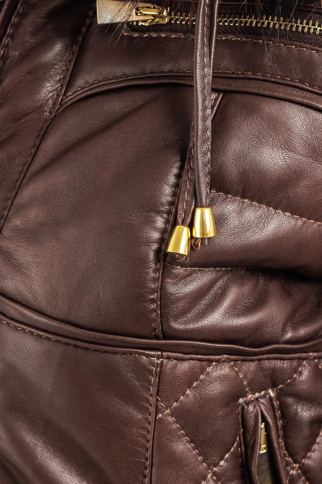 Dark brown leather down jacket with detachable hood