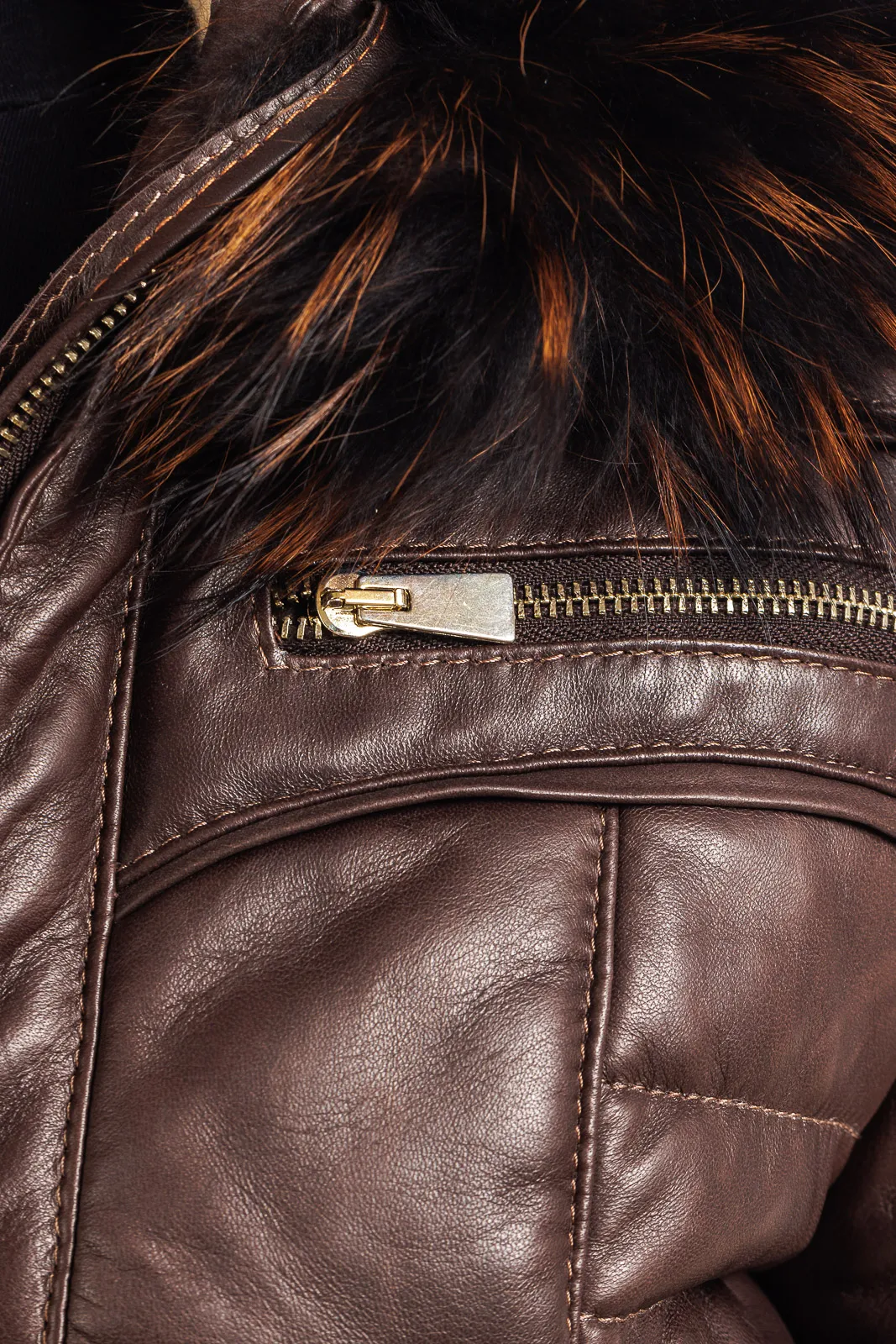 Dark brown leather down jacket with detachable hood