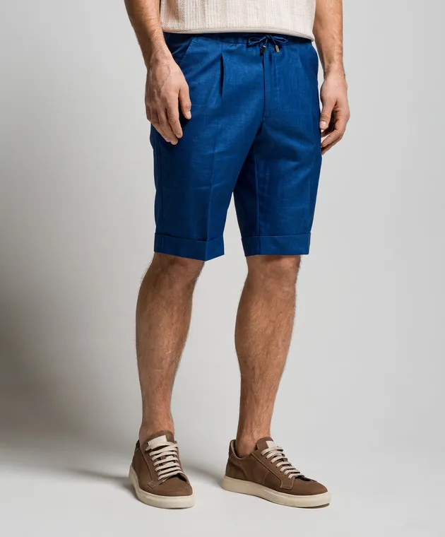 Enrico Mandelli Shorts blu in lino, lana e seta con revers GYMSHO5334