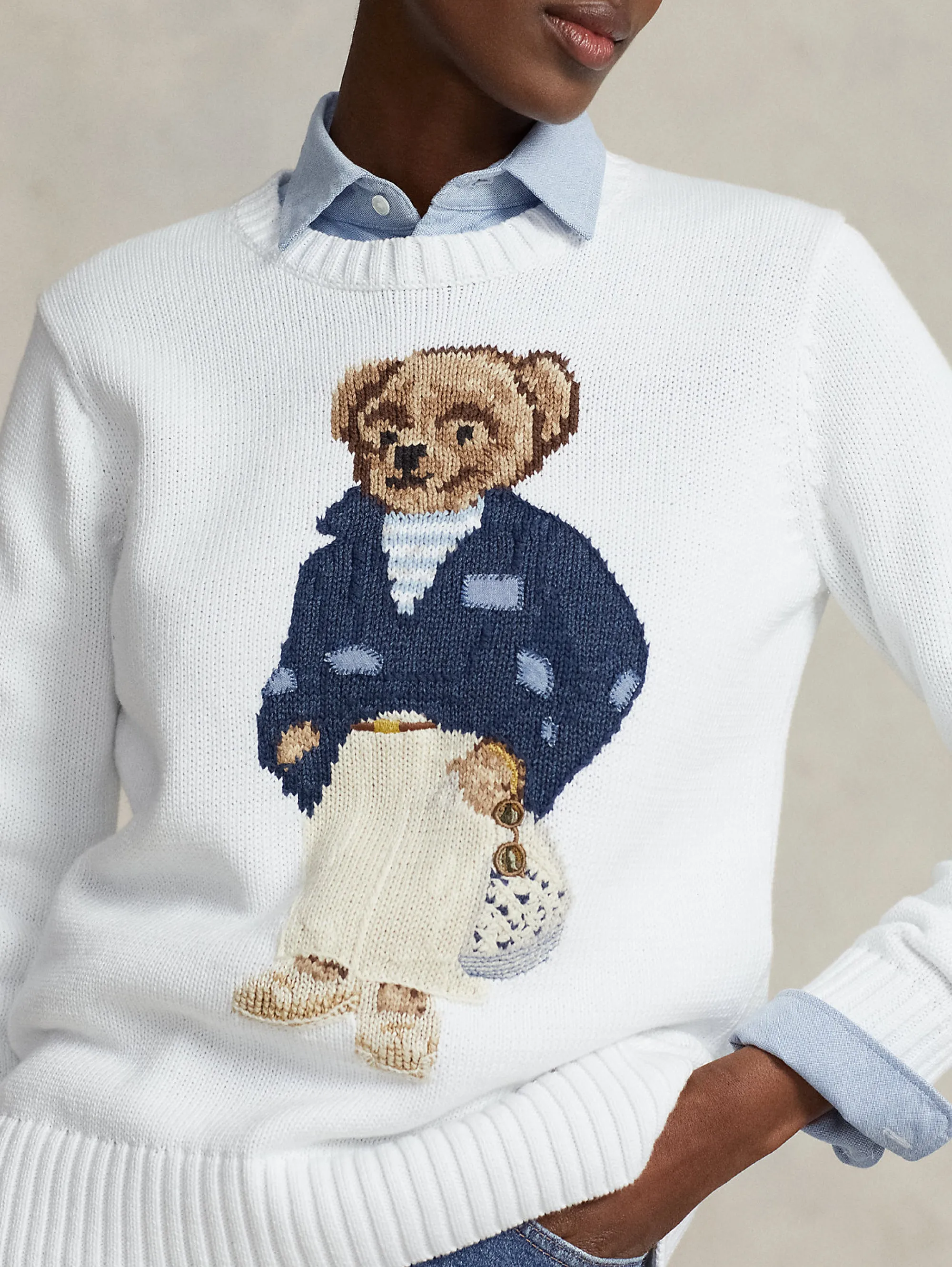 Maglia con Polo Bear Ricamato Bianco