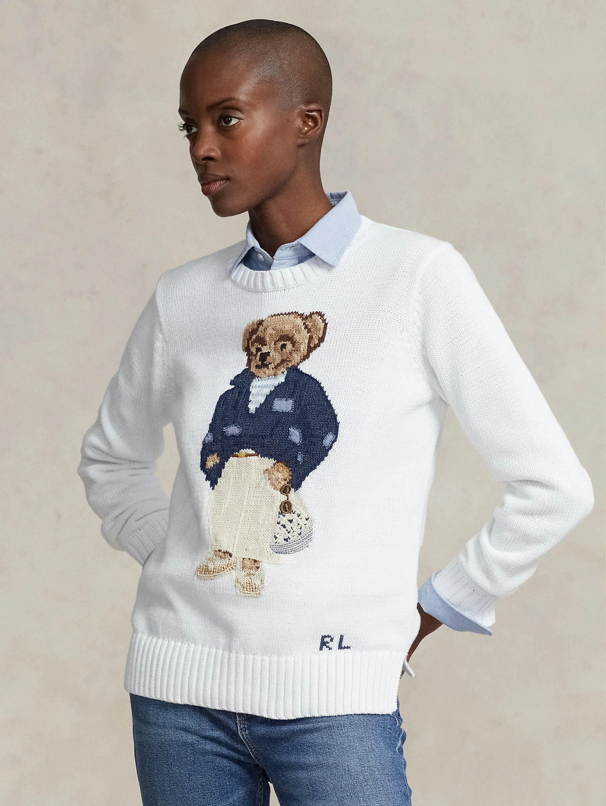 Maglia con Polo Bear Ricamato Bianco