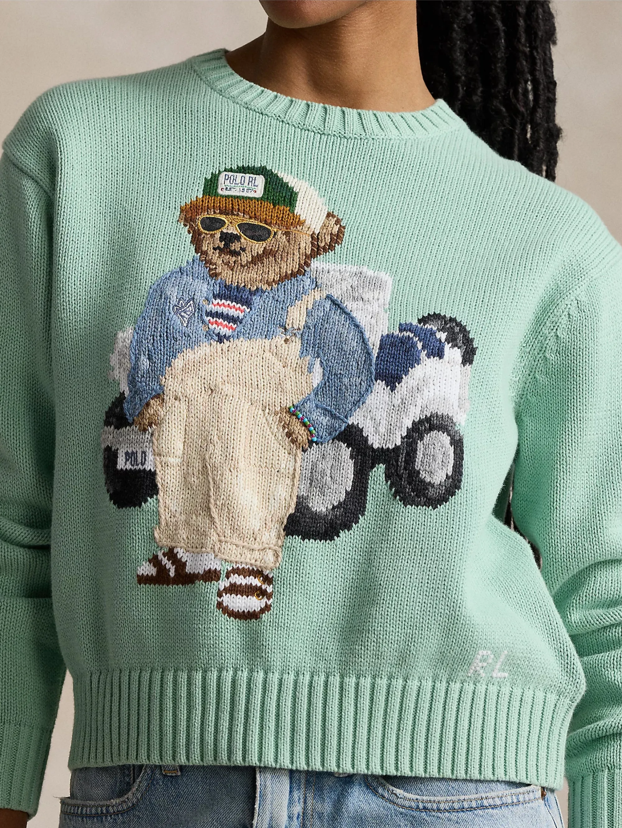 Maglia Girocollo con Ricamo Polo Bear Verde Celadon