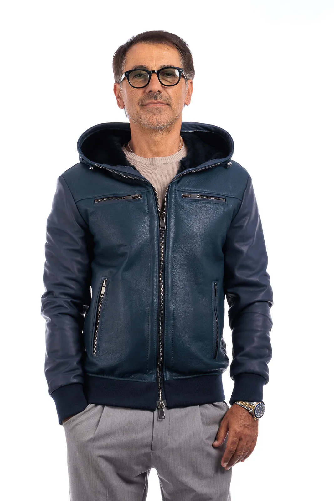 Men’s blue fur black shearling zippered and pocketed bomber jacket