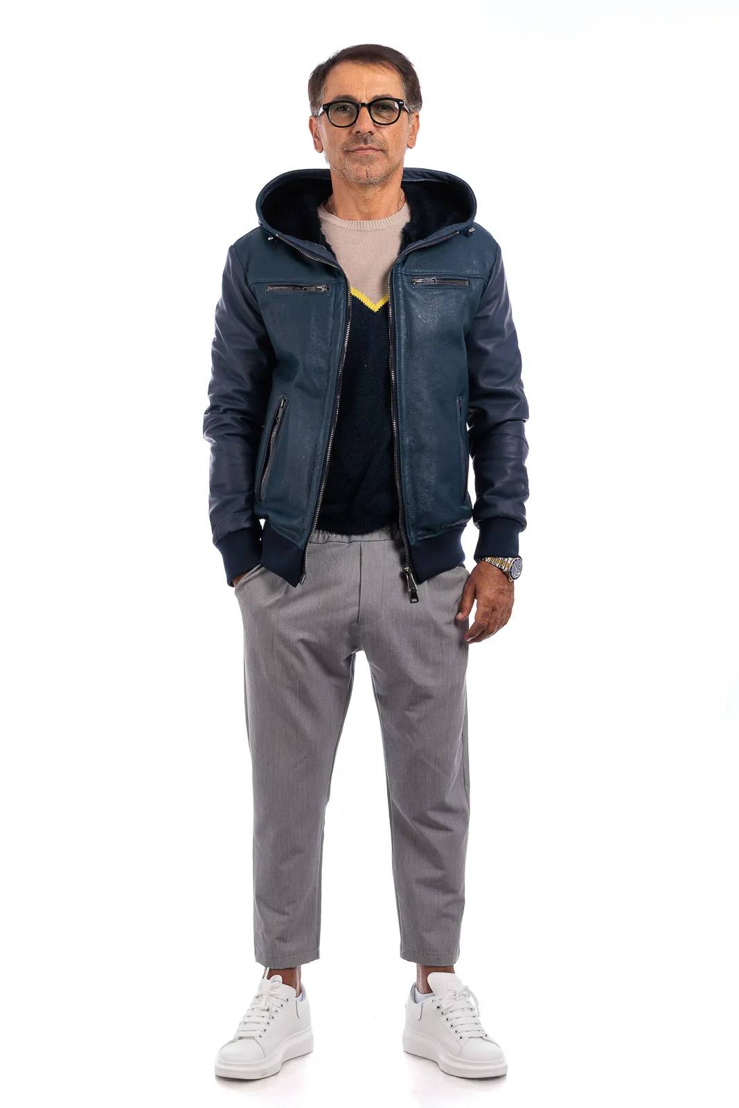 Men’s blue fur black shearling zippered and pocketed bomber jacket