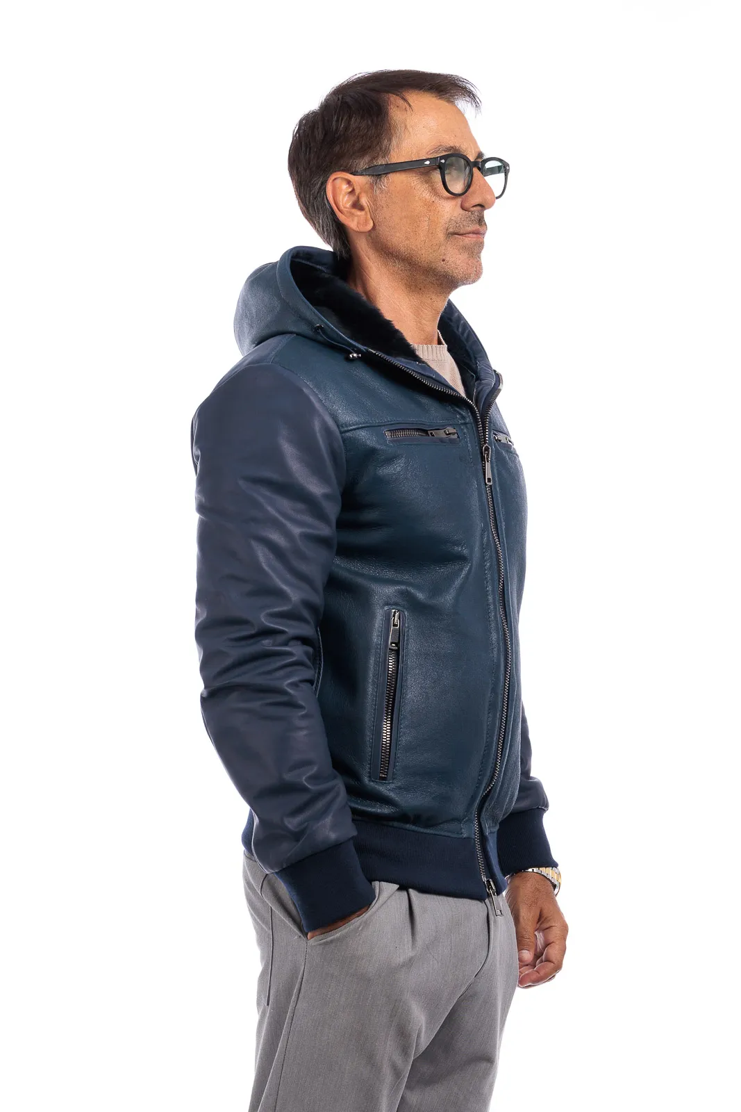 Men’s blue fur black shearling zippered and pocketed bomber jacket