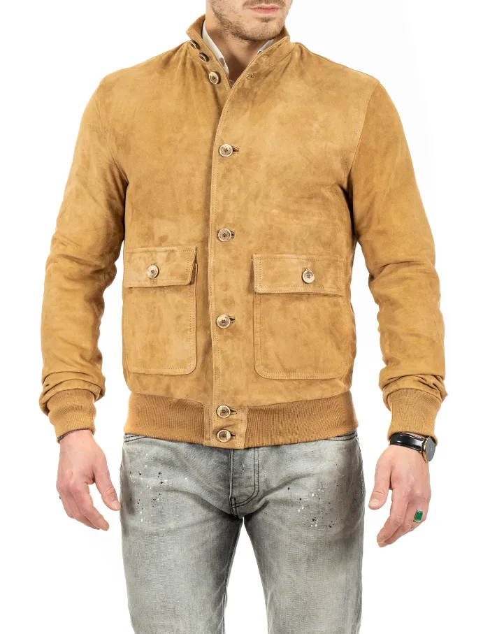 Men's camel genuine leather suede jacket