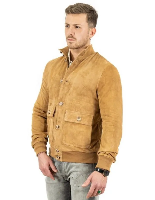 Men's camel genuine leather suede jacket