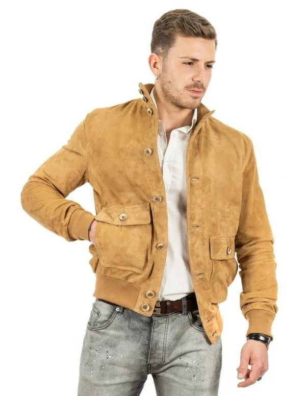 Men's camel genuine leather suede jacket