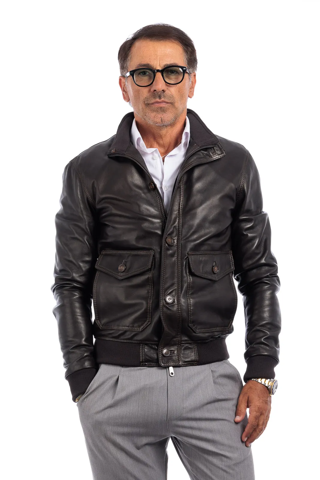 Men’s leather jacket with buttons and zipper VAST elasticated dark brown